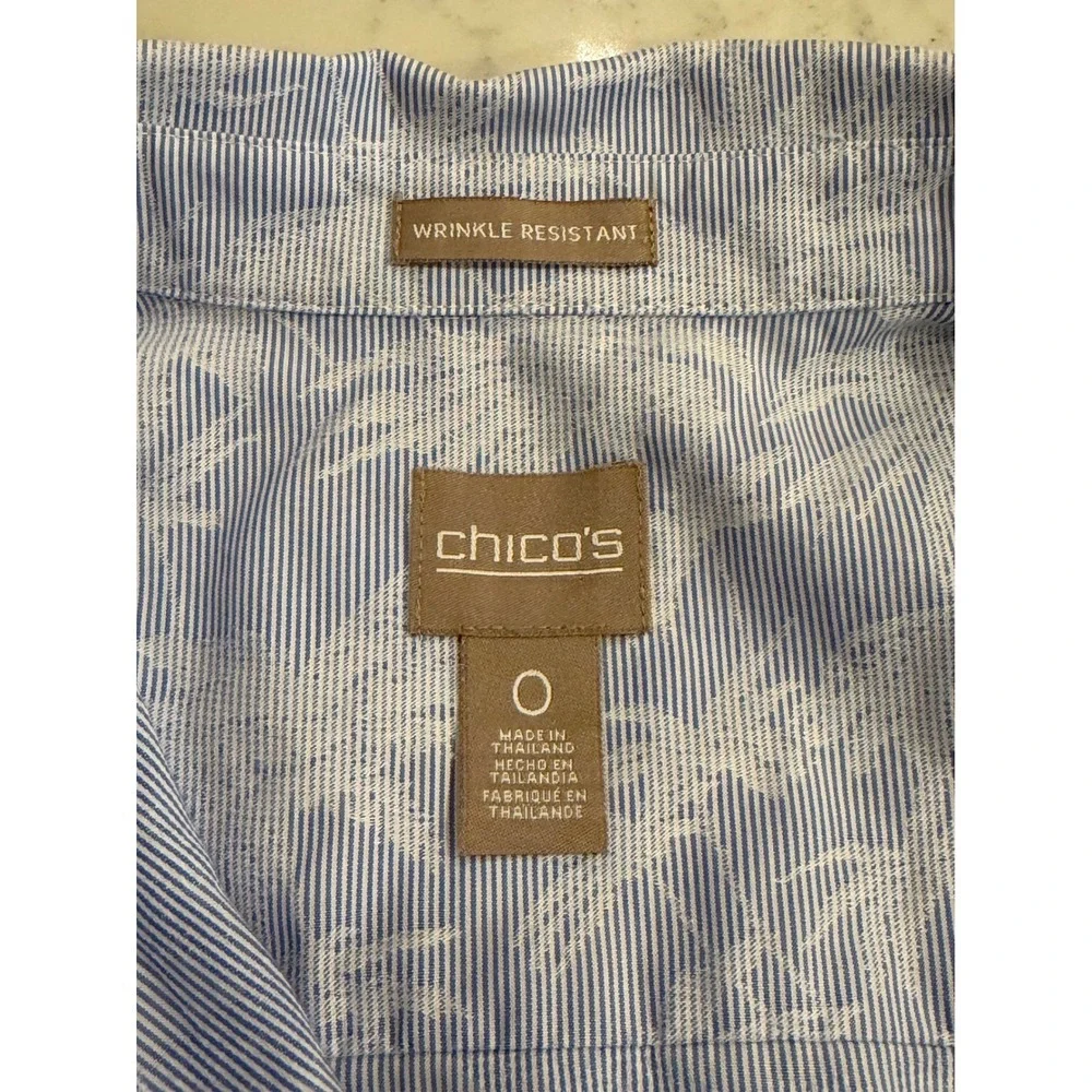 Chicos Blue White Striped Palm Print Cotton Blouse Chicos Sz 0 Small/4